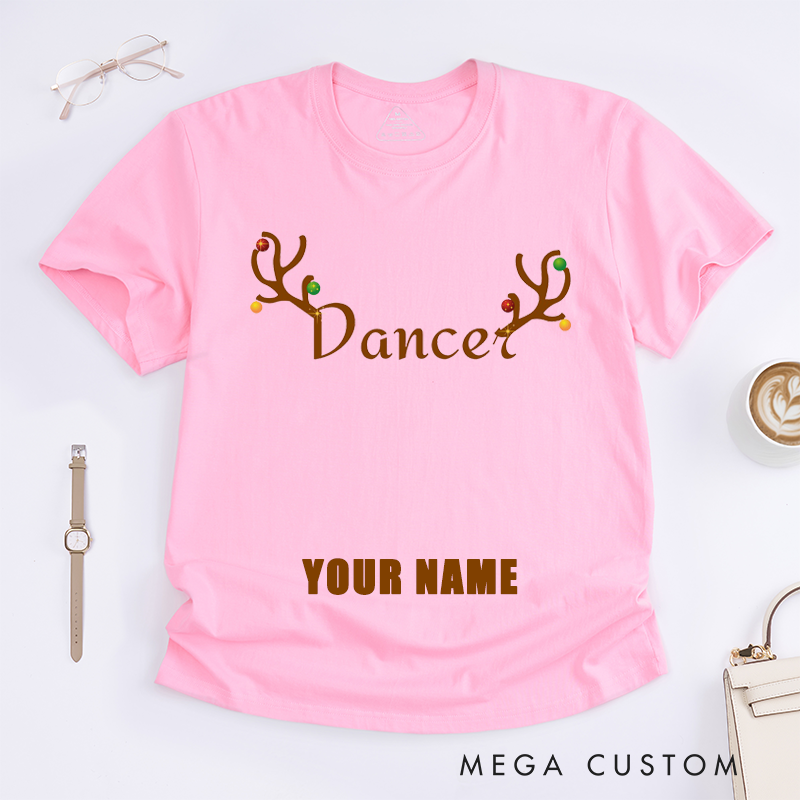 Personalized Reindeer Dancer Christmas Antlers Custom Name Gift T-Shirts Unique Women Top Funny Xmas Present for Her Family Matching Outfit