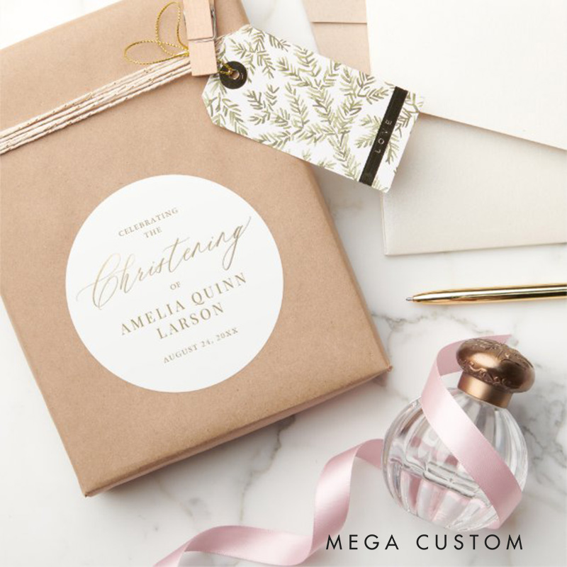 Personalized Simple Elegant Gold Calligraphy Script Christening Classic Round Sticker with Name and Date Religious Gift Baptism Gift