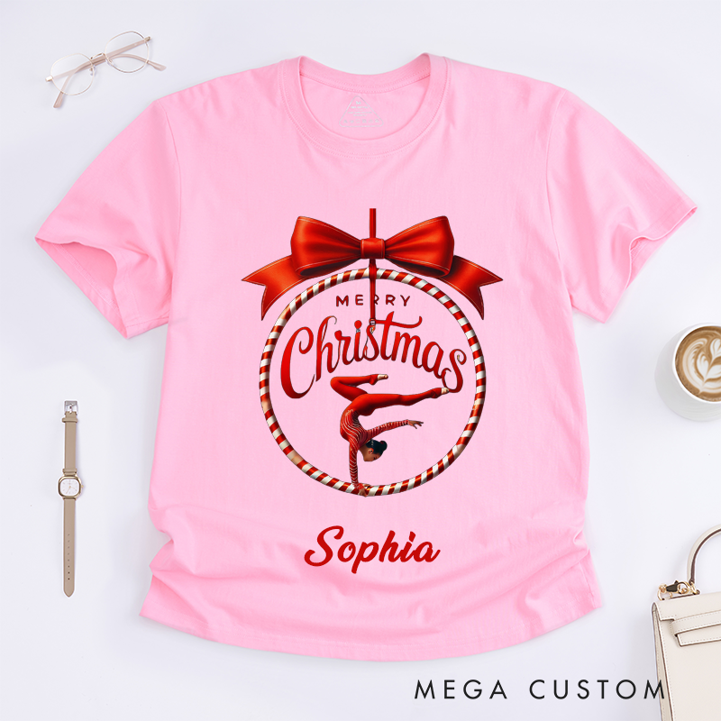 Personalized Merry Christmas Dance Candy Cane Ornament Gift T-Shirts Custom Name Red Bow Present for Women Girls Family