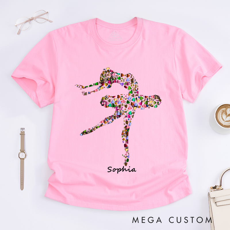 Personalized Ballet Dancer Heart Pattern T-Shirts Custom Name Colorful Artistic Dance Lover Gift for Women Unique Artistic Ballerina