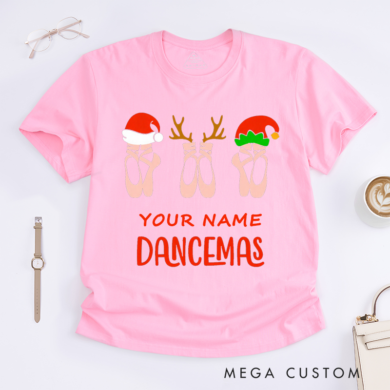 Personalized Ballet Christmas Dance Gift Womens T-Shirts Cute Dancemas Ballerina Xmas Custom Name Present for Dance Lovers
