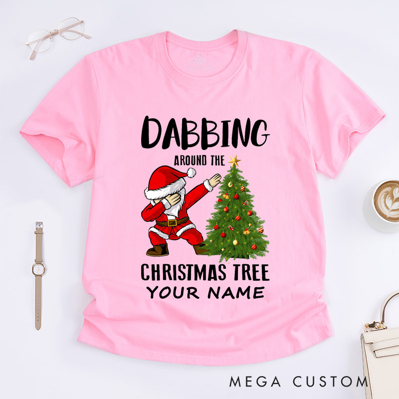 Personalized Dabbing Santa Christmas Tree T-Shirts Custom Name Funny Gift for Men Unique Xmas Party Tee for Dad Husband Boyfriend Friend Family