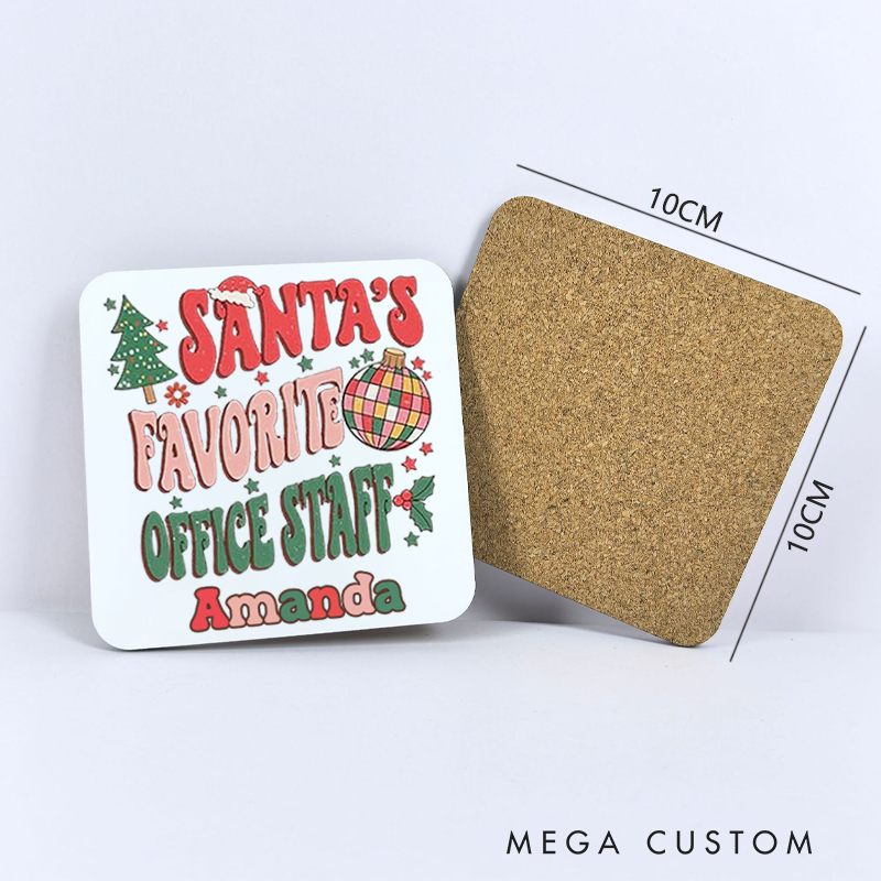 Personalized Coasters for Office Worker Santa's Favorite Office Staff with Christmas Trees Stars and Santa Hat Appreciation Gift for Coworkers