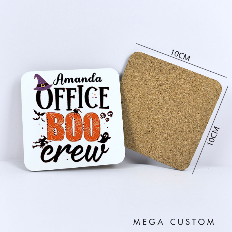 Personalized Coasters for Office Worker Office Boo Crew with Bats Spiderweb and Spider Halloween Elements Appreciation Gift for Coworkers