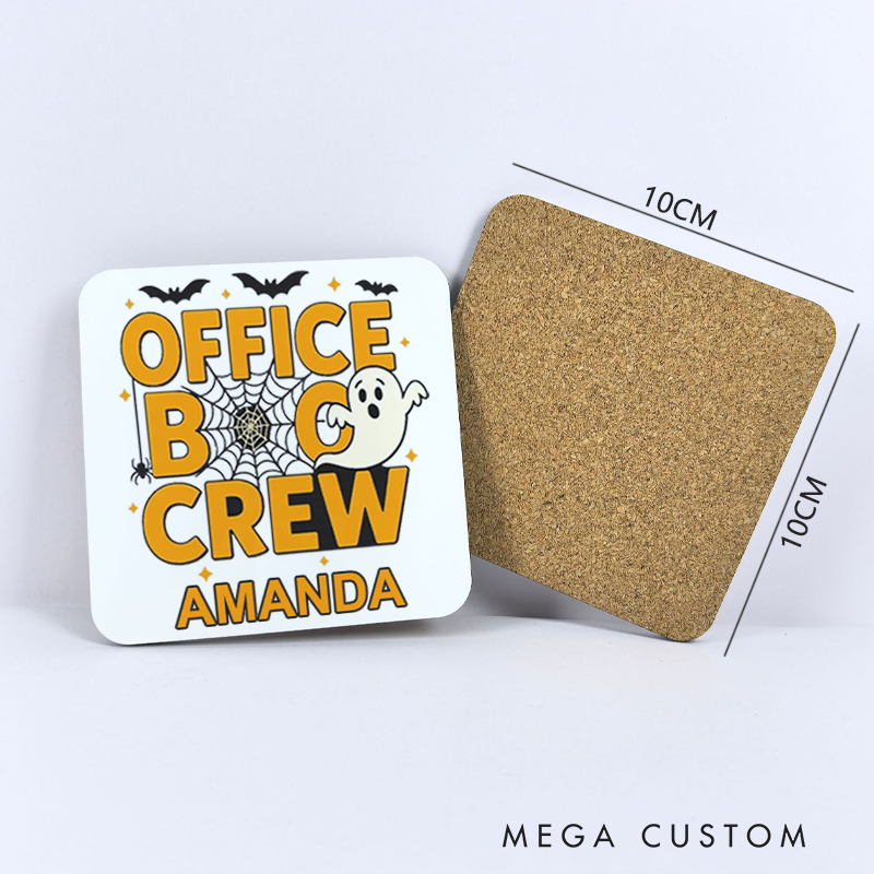 Personalized Coasters for Office Worker Office Boo Crew with Bats Spiderweb Spider and Small Stars Halloween Elements Appreciation Gift for Coworkers
