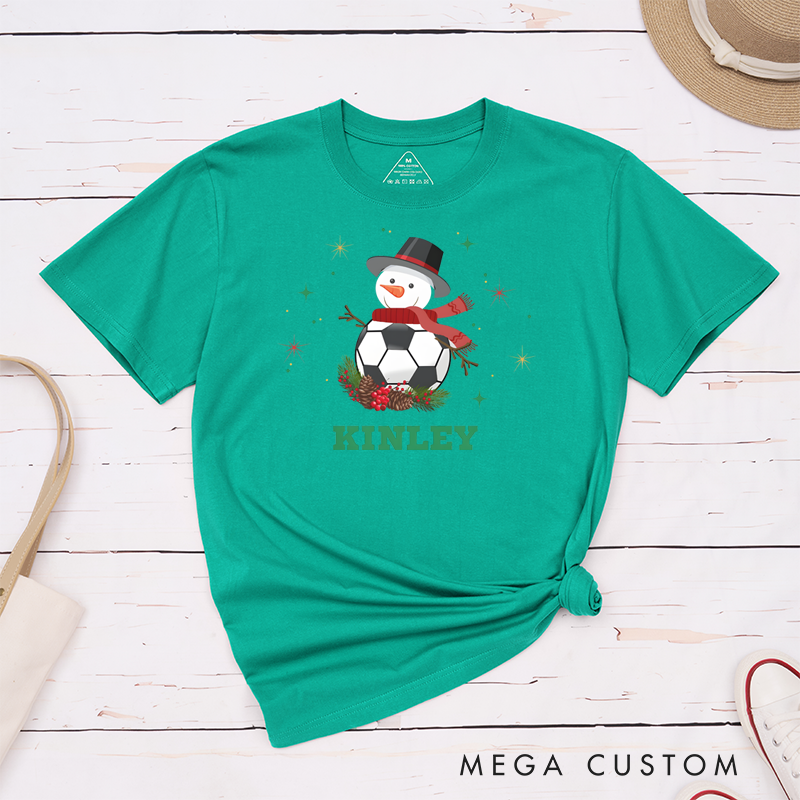 ersonalized Snowman Soccer T-Shirt with Custom Name Design for Christmas