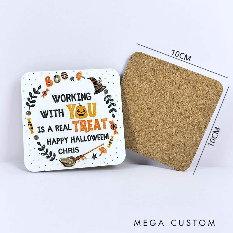 Personalized Coasters for Office Worker Happy Halloween Working with You Is a Real Treat Appreciation Gift for Coworkers
