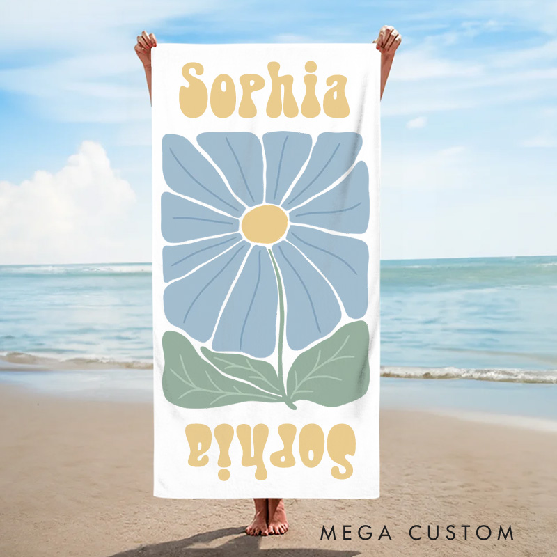 Personalized Blue Floral Quick Dry Oversized Beach Towel with Name Summer Vacation Pool Party Gifts for Kids