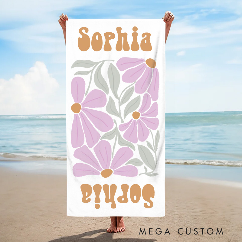Personalized Purple Floral Quick Dry Oversized Beach Towel with Name Summer Vacation Pool Party Gifts for Kid