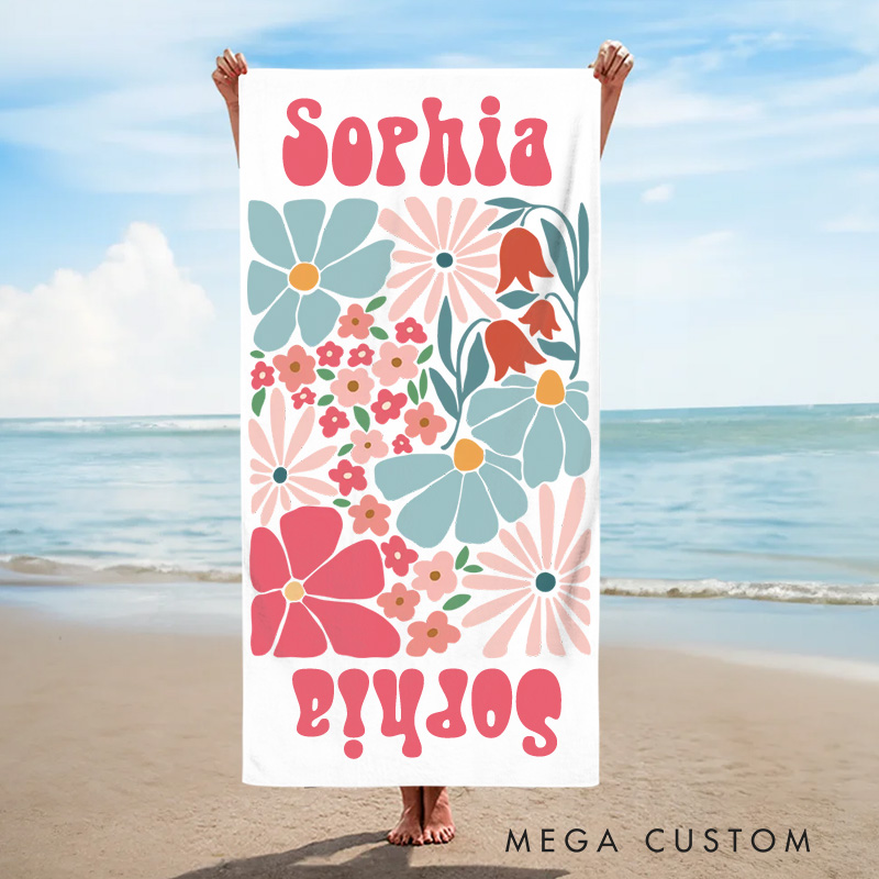 Personalized Floral Quick Dry Oversized Beach Towel with Name Summer Vacation Pool Party Gifts for Kid