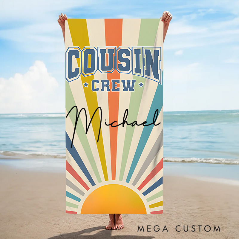 Personalized Cousin Crew Vintage Sunray Kids Beach Towel with Name Beach Party Travel Gift