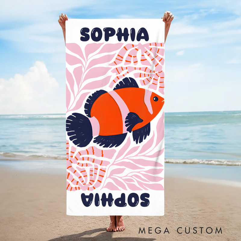 Personalized Red Fish Marine Life Art Illustration Kids Beach Towel with Name Summer Vacation Travel Gift for Kids