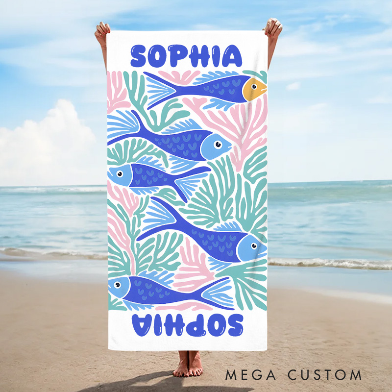 Personalized Fish Marine Life Art Illustration Kids Beach Towel with Name Summer Vacation Travel Gift for Kids