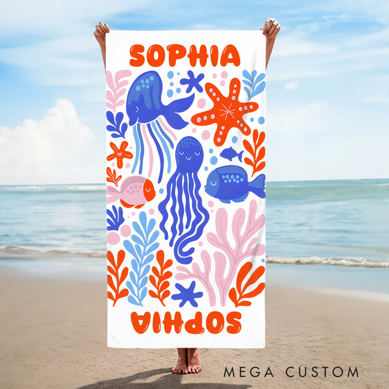 Personalized Marine Life Art Illustration Kids Beach Towel with Name Summer Vacation Travel Gift for Kids