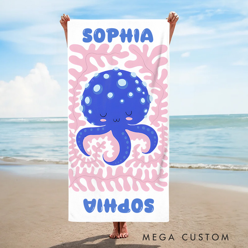 Personalized Octopus Life Art Illustration Kids Beach Towel with Name Summer Vacation Travel Gift for Kids