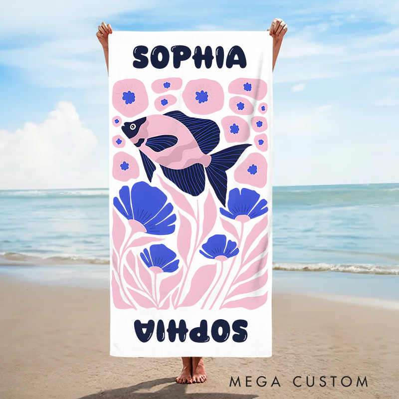 Personalized Pink Fish Life Art Illustration Kids Beach Towel with Name Summer Vacation Travel Gift for Kids