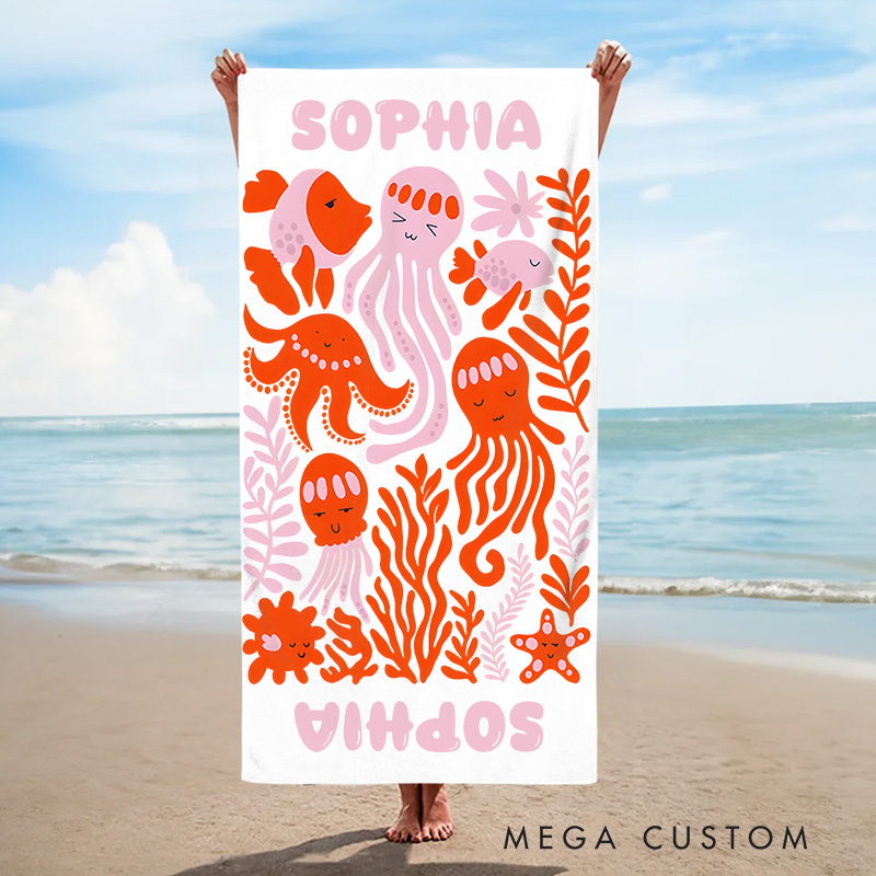 Personalized Pink Octopus Life Art Illustration Kids Beach Towel with Name Summer Vacation Travel Gift for Kids