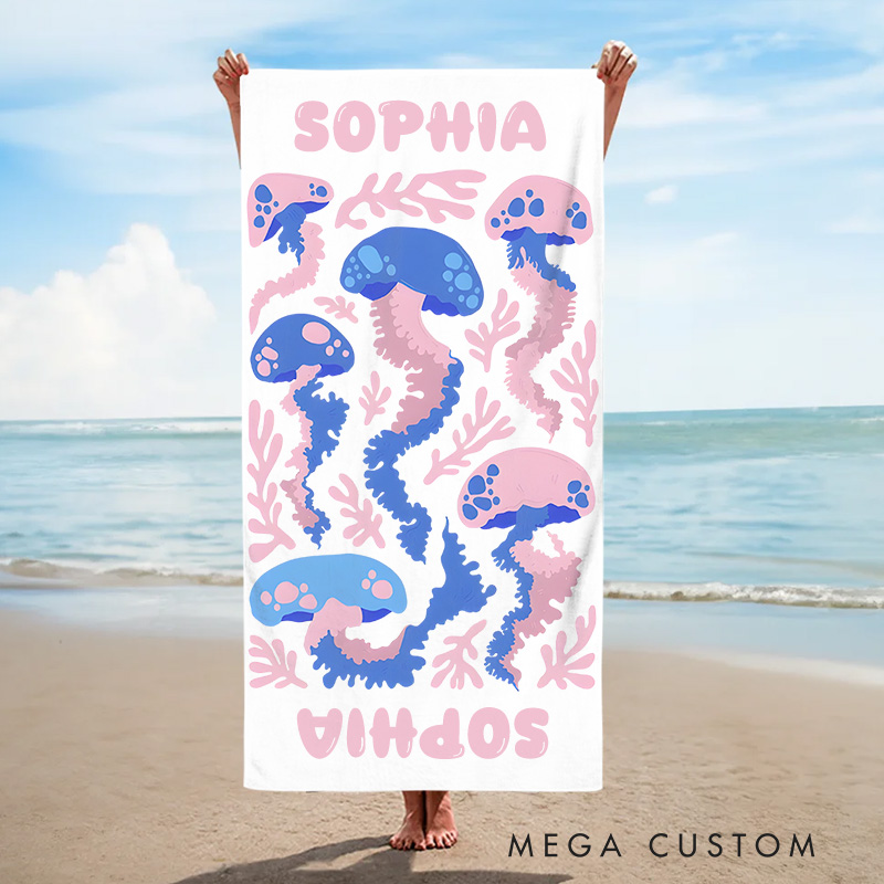Personalized Jellyfish Life Art Illustration Kids Beach Towel with Name Summer Vacation Travel Gift for Kids