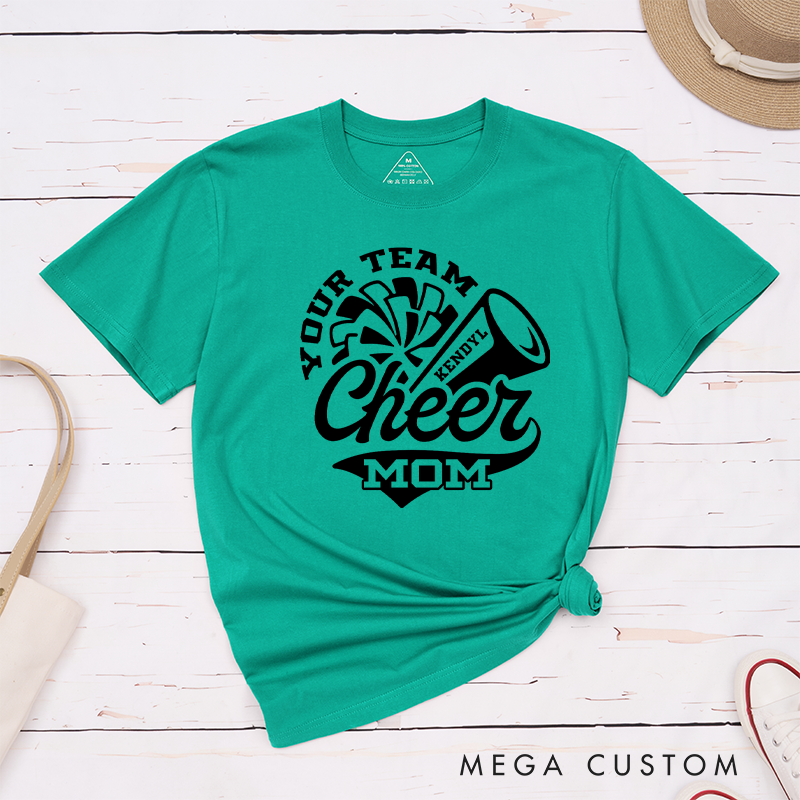 Personalized Cheer Mom T-Shirts Featuring Custom Team Name and Player Name on the Front for Game Day Spirit