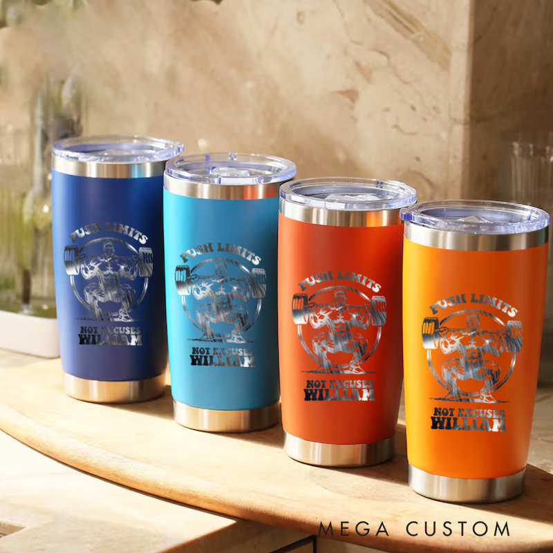 Personalized Fitness Tumbler Coffee Stainless Steel Tumbler with Push Limits No Excuses Weightlifting Design for Fitness Enthusiasts Bodybuilders and Gym Lovers