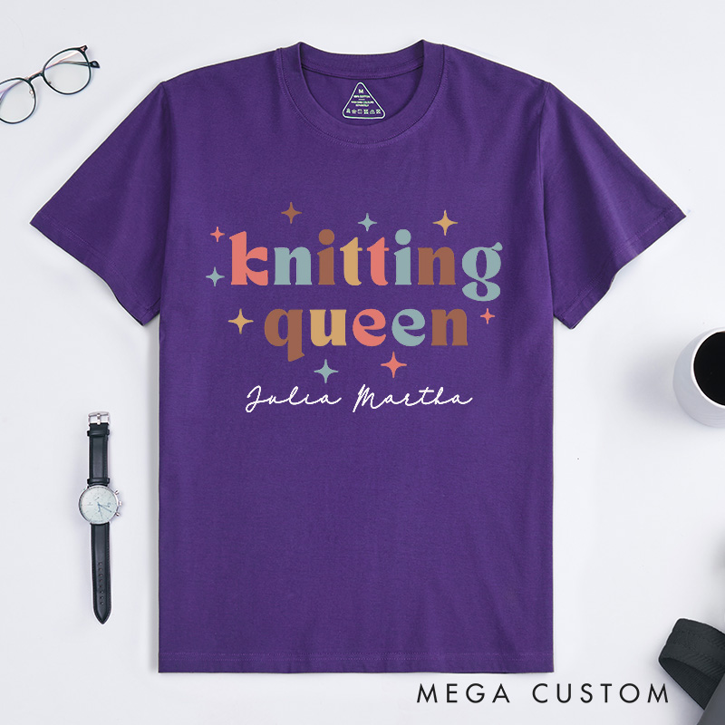 Personalized Knitting Queen Classic T-Shirts Knitter Shirt Colorful TShirt Womens Comfy Top Bright Words Tee Unique Font Shirt