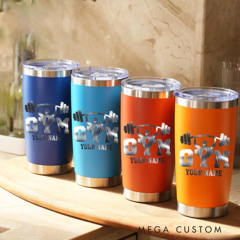 Personalized Fitness Tumbler Coffee Stainless Steel Tumbler with GYM Logo with Barbell Artwork for Fitness Enthusiasts Bodybuilders and Gym Lovers