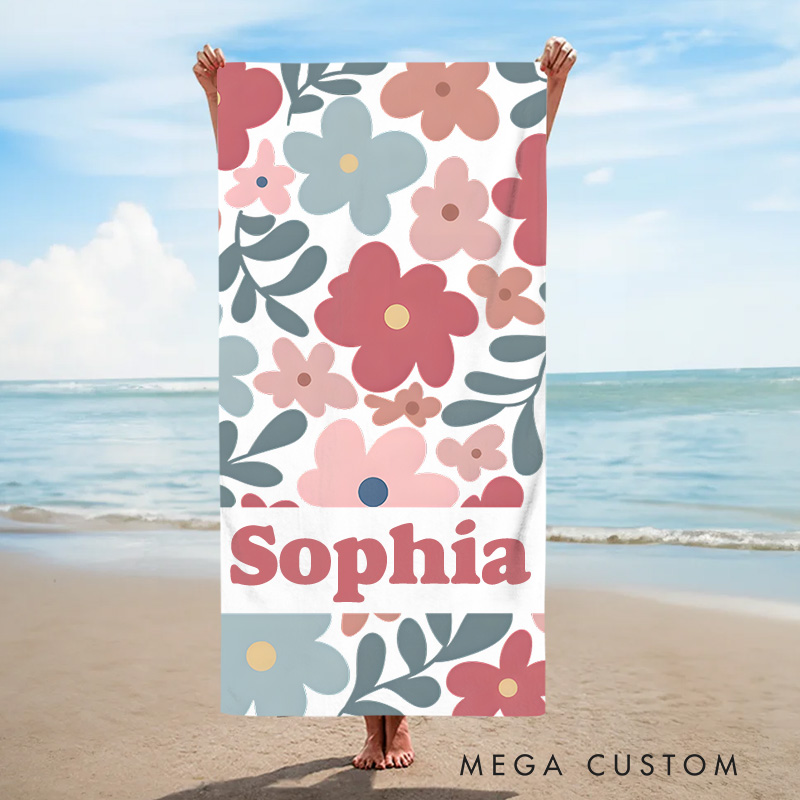 Personalized Red Danish Flower Kids Beach Towel with Name Beach Party Travel Birthday Gift for Kids