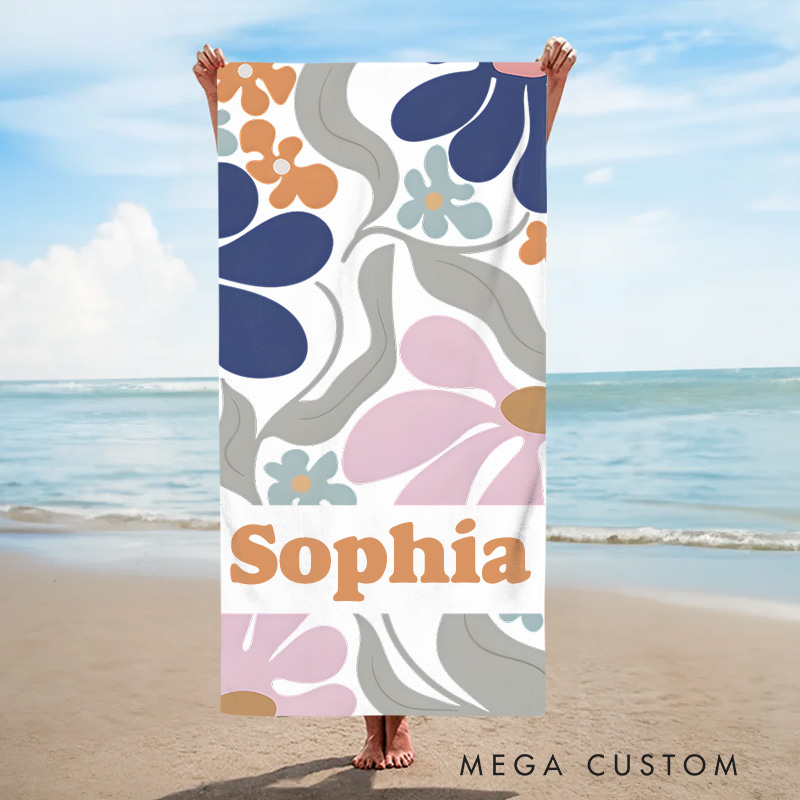 Personalized Navy Danish Flower Kids Beach Towel with Name Beach Party Travel Birthday Gift for Kids