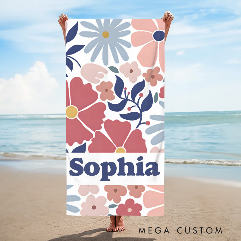 Personalized Pink Danish Flower Kids Beach Towel with Name Beach Party Travel Birthday Gift for Kids