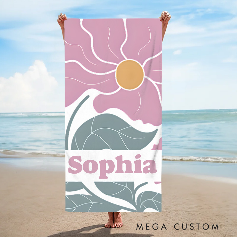 Personalized Purple Danish Flower Kids Beach Towel with Name Beach Party Travel Birthday Gift for Kids