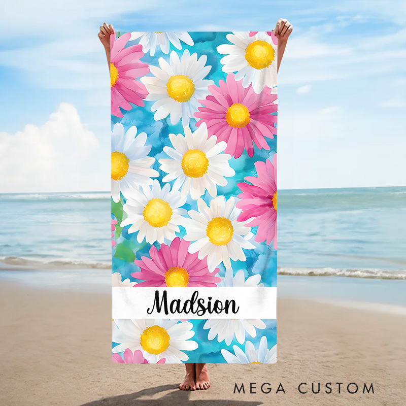 Personalized Watercolor Floral Stripe Kids Beach Towel with Name Beach Party Summer Vacation Gift for Kids