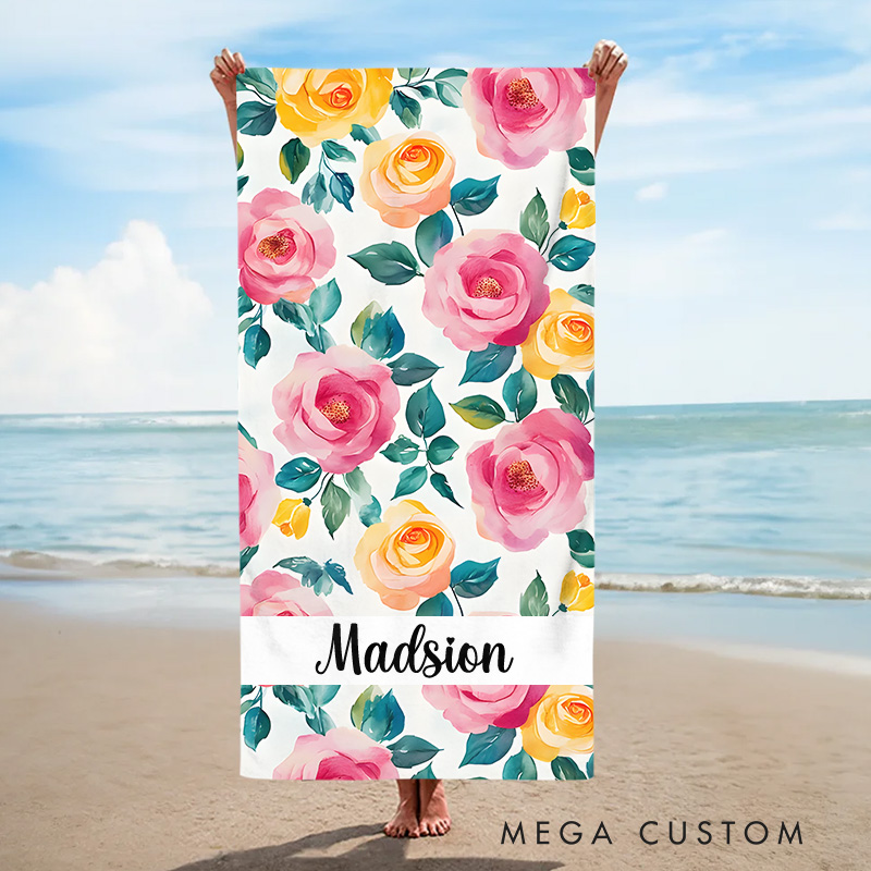 Personalized Pink Watercolor Floral Stripe Kids Beach Towel with Name Beach Party Summer Vacation Gift for Kids