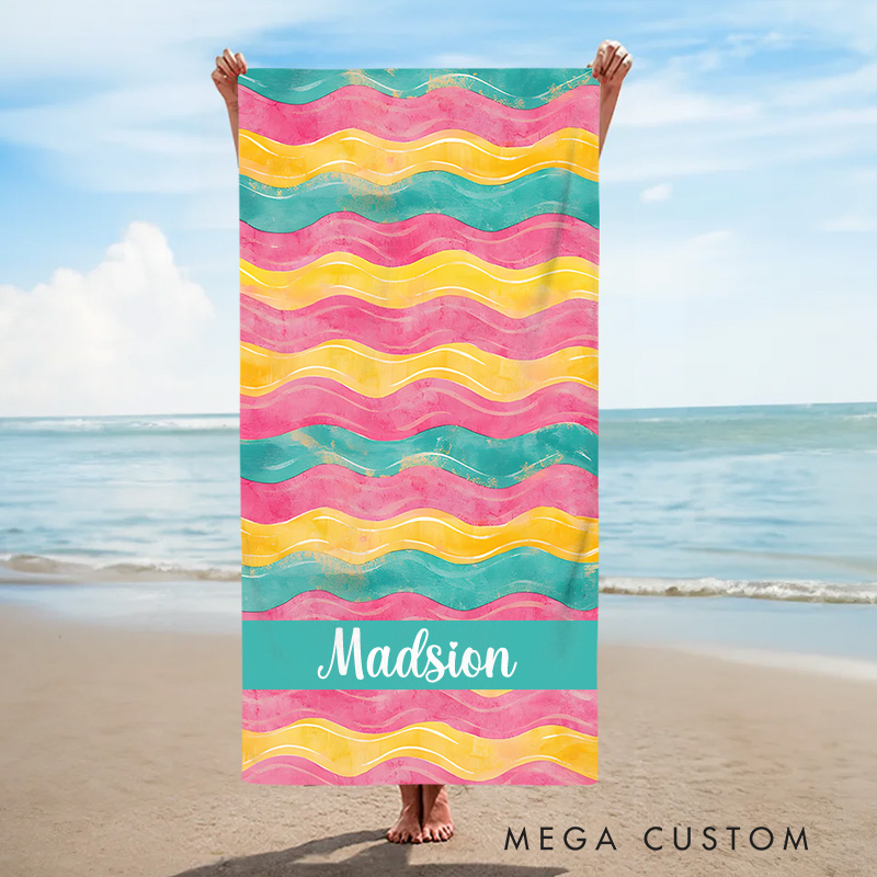 Personalized  Watercolor Floral Pink and Blue Stripe Kids Beach Towel with Name Beach Party Summer Vacation Gift for Kids