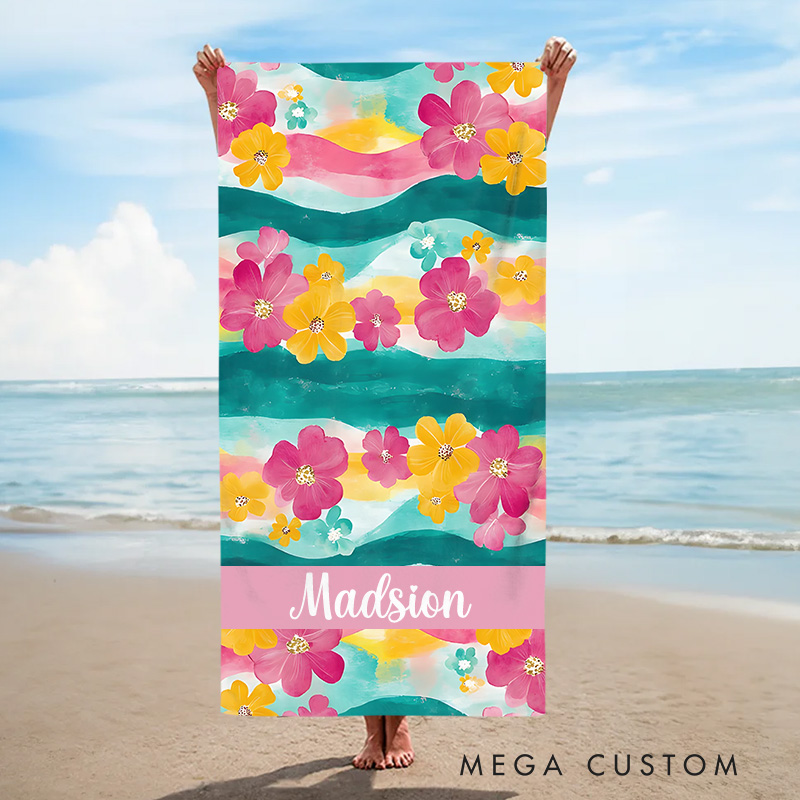 Personalized Pink and Yellow Watercolor Floral  Stripe Kids Beach Towel with Name Beach Party Summer Vacation Gift for Kids