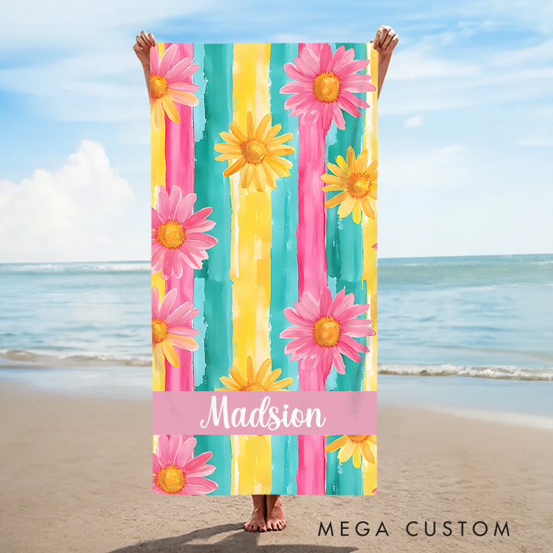 Personalized Floral  Stripe Kids Beach Towel with Name Beach Party Summer Vacation Gifts for Kids