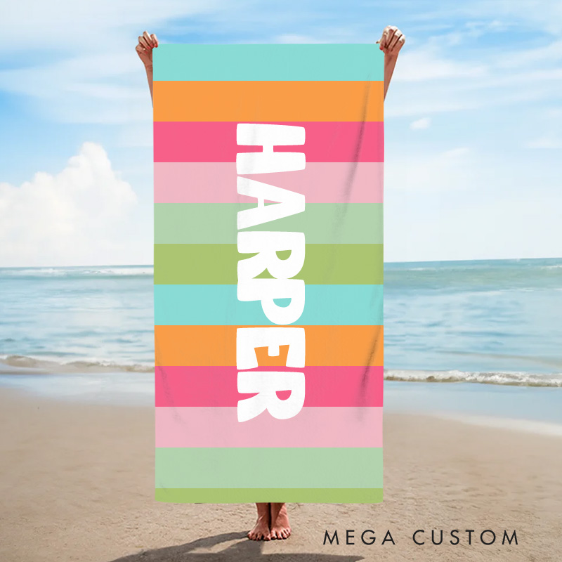 Personalized Colorful Stripe Kids Beach Towel with Name Travel Essentials Summer Holiday Party Gift for Kids