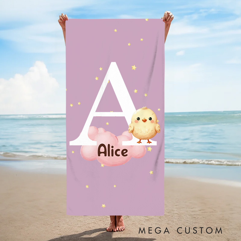 Personalized Multicolor Cloud Star Forest Animal Kids Beach Towel with Initial and Name Birthday Gift for Boys Girls