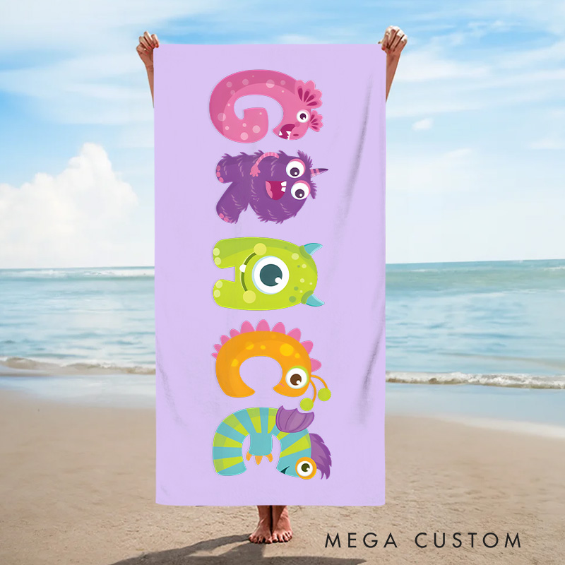 Personalized Multicolor Cartoon Monster Kids with Name Beach Towel Travel Essential Birthday Children's Day Gift for Kids