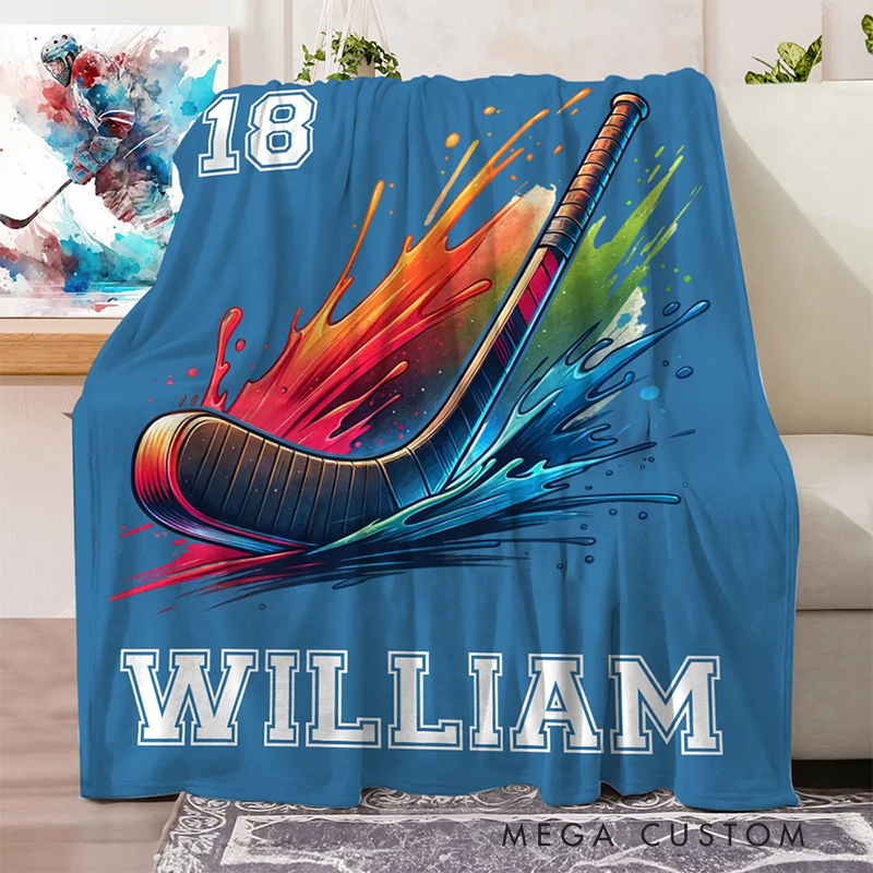 Personalized Hockey Blanket with Custom Name, Number, and Hockey Design