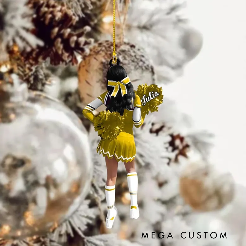Personalized Cheerleader Christmas Ornament with Custom Name, Outfit Color, and Festive Pom Pom Design