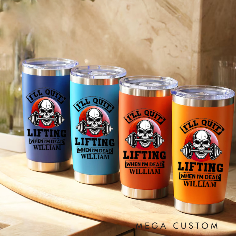 Personalized Fitness Tumbler Coffee Stainless Steel Tumbler with Ill Quit Lifting When Im Dead Skull and Barbell Design for Fitness Enthusiasts Bodybuilders and Gym Lovers