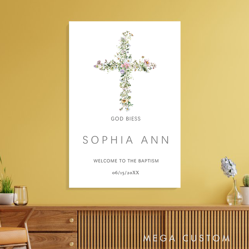 Personalized God Bless Floral Cross Frameless Canvas Painting with Name Religious Wall Art Baptism Gift for Girls
