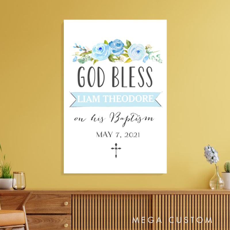 Personalized Blue Rose God Bless Frameless Canvas Painting with Name Religious Wall Art Baptism Gift for Boys