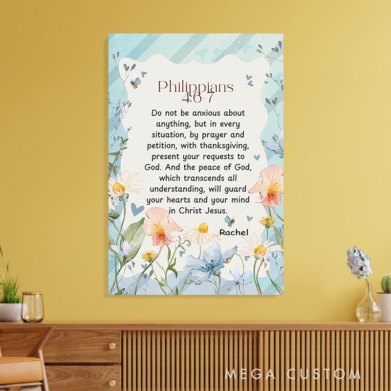 Personalized Philippians 4:6-7 Bible Verse Watercolor Frameless Canvas Painting with Name Religious Wall Art Birthday Gift for Women