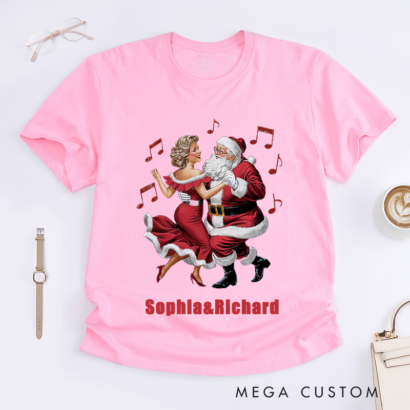 Personalized Dancing Santa Christmas T-Shirts Custom Name Retro Gift Unique Xmas Outfit for Men Women Friends Family Matching
