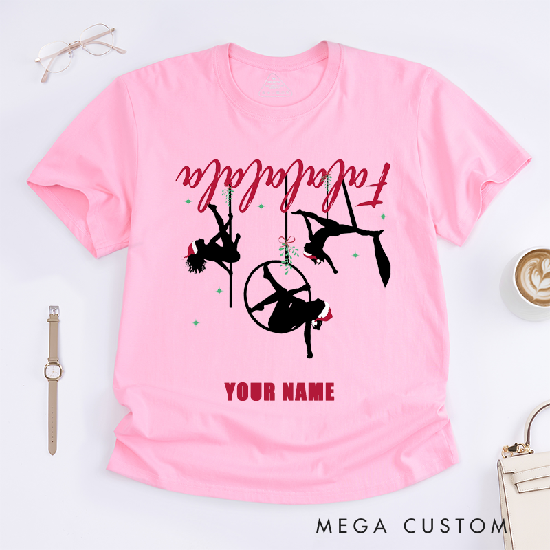 Personalized Pole Dance T-Shirts Gift for Dance Lovers Custom Name Santa Hat Silhouette Top for Women Unique Present