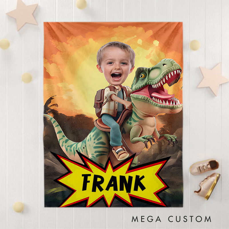 Personalized Kid Photo Blanket with Funny Face Little Boy Riding Dinosaur Gift for Boys