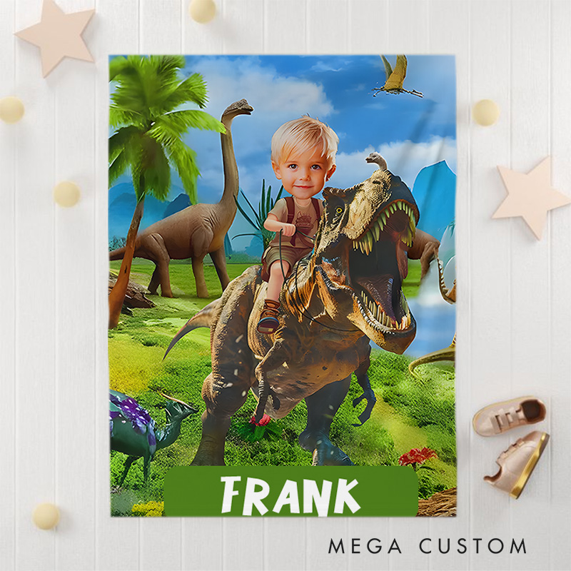 Personalized Boy Riding Dinosaur Blanket with Photo Gift for Boys
