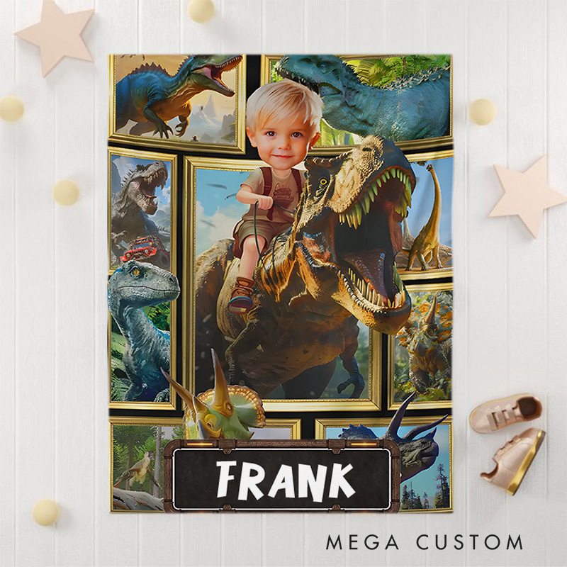 Personalized Boy Riding Dinosaur Fleece Blanket Gift for Kids