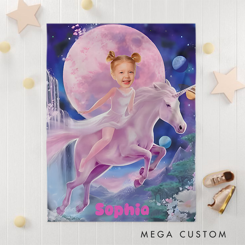 Personalized Pink Dress Princess Ride Unicorn Blanket Gift for Kids